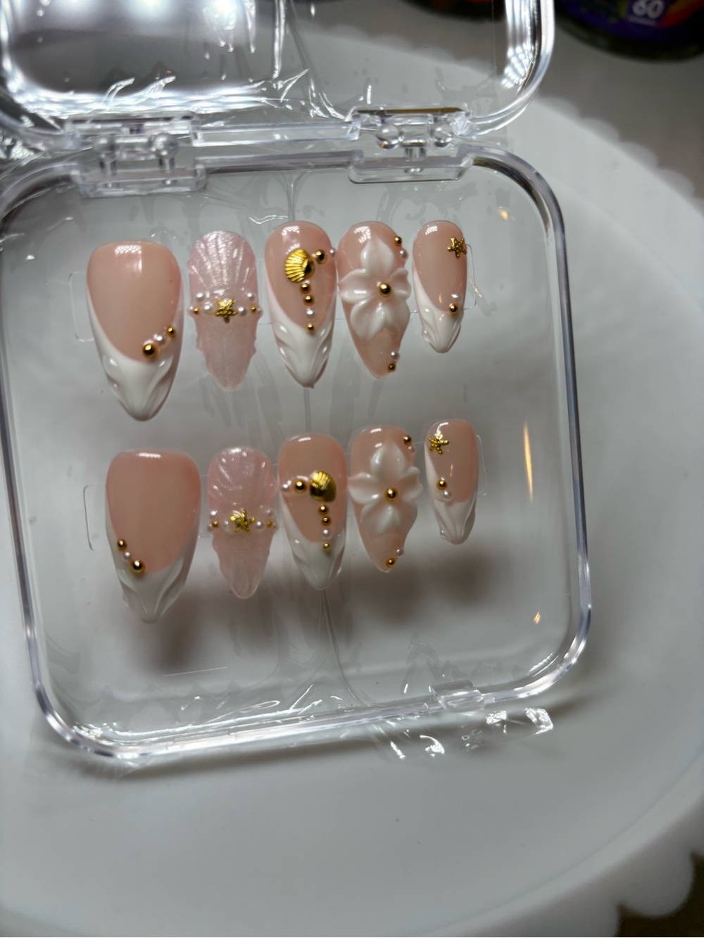 Press-On Nail Set - Blush Pink & White Elegant Floral Design